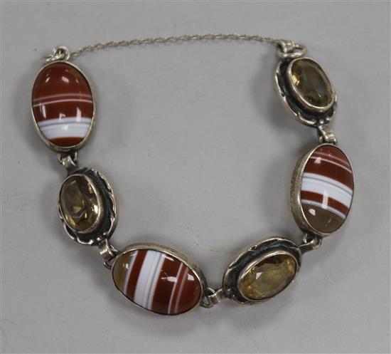 A sterling silver citrine and banded agate set bracelet.